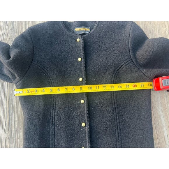 Vintage 90s GEIGER boiled wool black short jacket gold buttons logo sz 42(10) - Picture 8 of 10